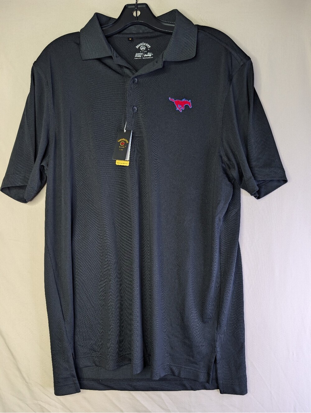 Monterey Club Men's Black Polo Shirt with Pink Mustang Logo Size M